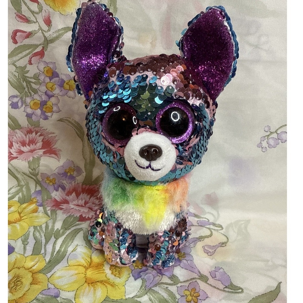 TY Flippables Yappy Dog Plush 7" Sequin‎ Rainbow Collar Purple Blue 2018